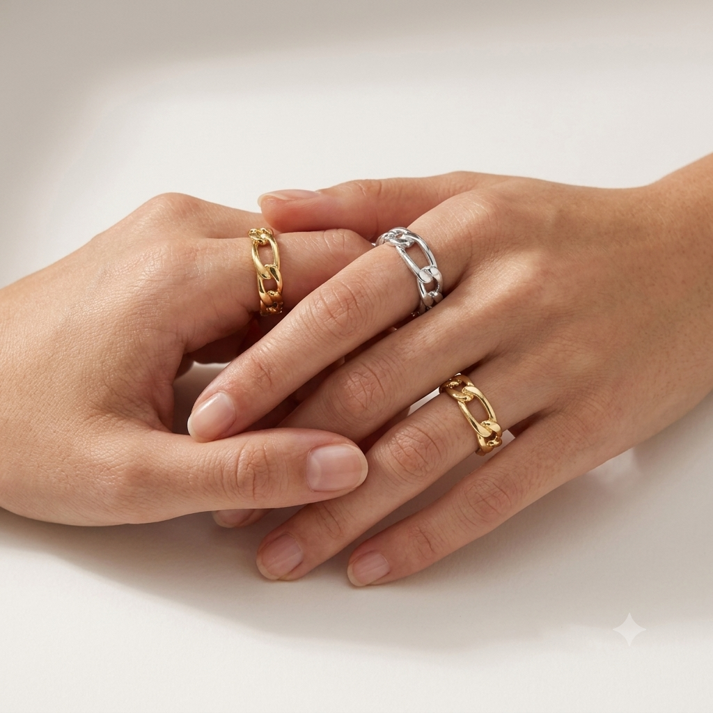 Two hands resting together, each wearing a gold chain-link ring, with one hand also wearing a silver chain-link ring, set against a clean white background.